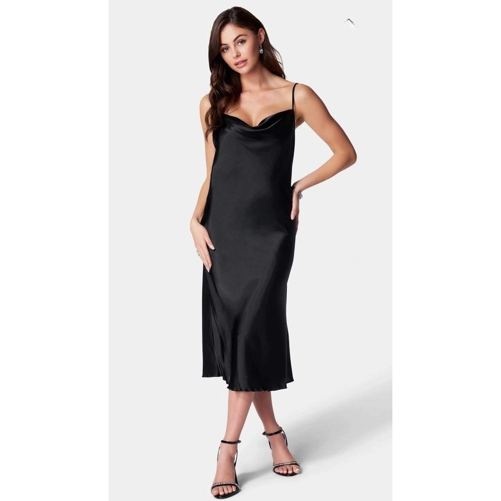 BeBe Black Satin Cowl Neck Midi Slip Dress Spaghetti Strap Minimalist LBD Size M - Picture 8 of 10